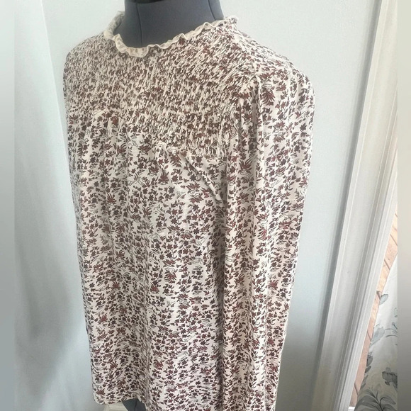 Lucky Brand Sz M Modest High Neck Smocked Frint Fall leaves long sleeve blouse - Picture 4 of 15